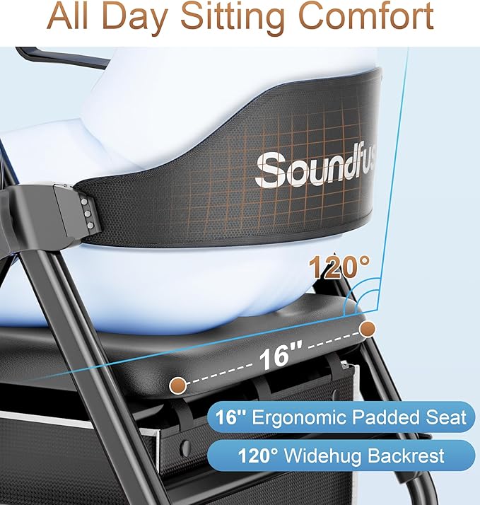 SOUNDFUSE Rollator Walkers for Seniors with Seat, Foldable Lightweight Rolling Walker with 8" Big PU Wheels, Ergonomic Seat, Dual Height Adjustment