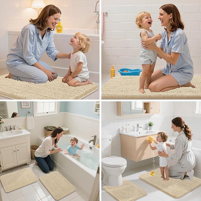 Arotive Bathroom Rugs 30x20, Extra Soft Absorbent Shaggy Chenille Bath Rugs, Machine Washable Rubber Backing Non-Slip Bath Mats for Bathroom Floor Tub and Shower, Home Decor Accessories, Beige