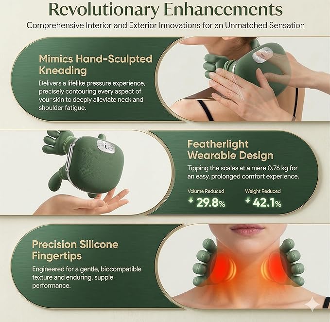Bionic Neck and Shoulder Massager, N7 Real Hand Massagers with Fingers Heated for Back Muscle Pain Relief, Portable & Lightweight Design, Touch Gift (Eucalyptus Green)