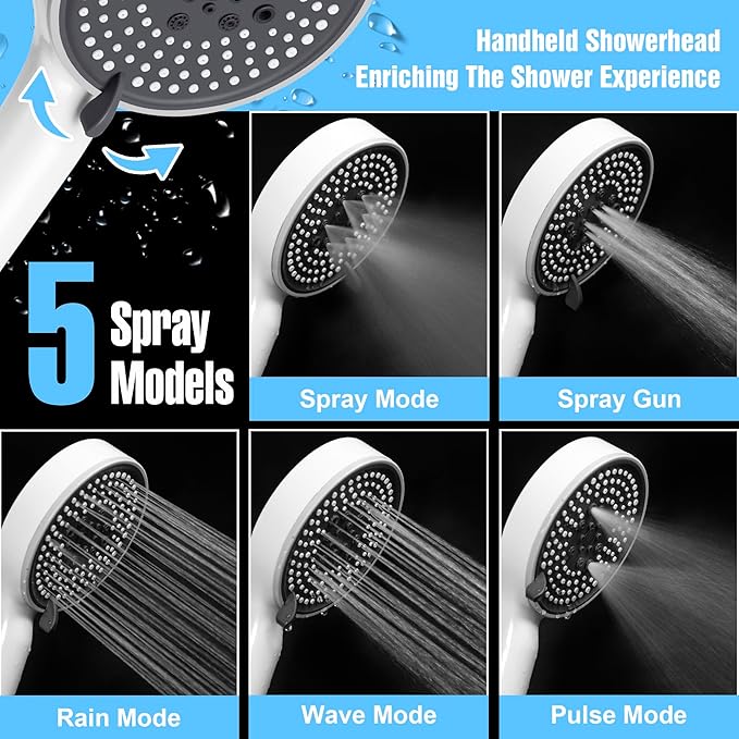 Lonian 5 Spray Mode High Pressure Handheld Shower Head Set, High Flow Hand Held Showerhead with 1.5m Hose Adjustable Bracket Tape Rubber Washers (White)