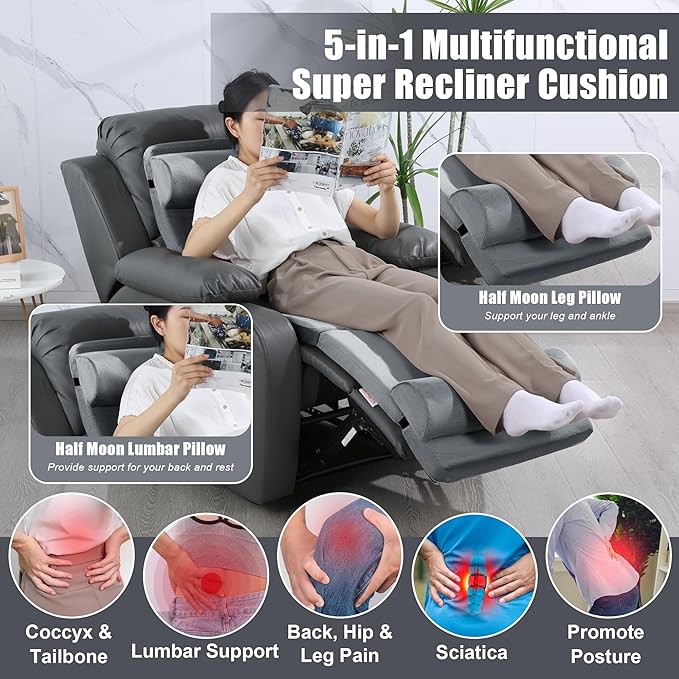 HOMBYS 5-in-1 Recliner Seat Cushion for Elderly+Lumbar Support Pillow + Leg Pad, with Adjustable Half Moon Neck Pillow & Footrest, Foam Filling with Velvet Fabric, Thick & Non-Slip, Grey