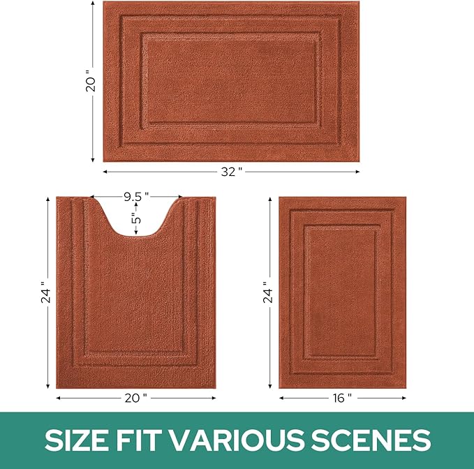 HOMEIDEAS Bathroom Rugs Sets 3 Piece, Super Soft and Absorbent Non Slip Microfiber Toilet Bath Mat with U-Shaped (Burnt Orange)