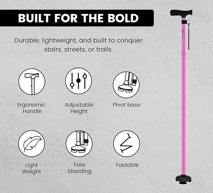 Walking Cane for Men & Women – Foldable, Adjustable, Self-Standing Cane with 360° Pivot Base, Comfortable Grip, Heavy Duty Canes for Women, Collapsible Walking Stick with Travel Bag for Seniors Adults