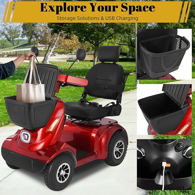 MS02 MAX All Terrain 1000W Electric Mobility Scooter for Adults& Seniors - 500LBS Load & 32 Miles Range Powerd Wheelchair Device w/Off-Road Absorber, Bluetooth Speaker, Dual Baskets, LED Light System