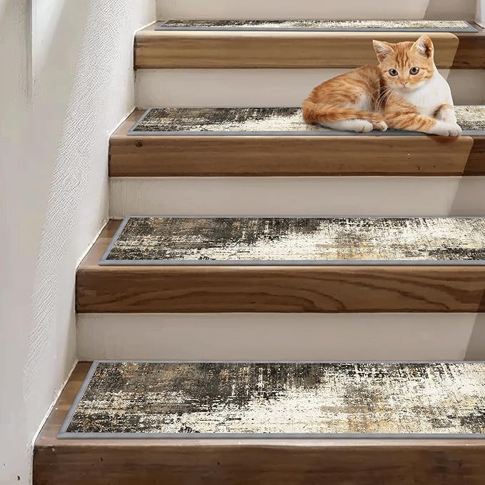 sarben Carpet Stair Treads Non Slip 15PCS, 8" X 30" Edging Stair Runner for Wooden Steps Indoor, Resistant Stair Rugs with Reusable TPE Adhesive Backing, Residue Mat for Elders, Pets, Chestnut/Smoke