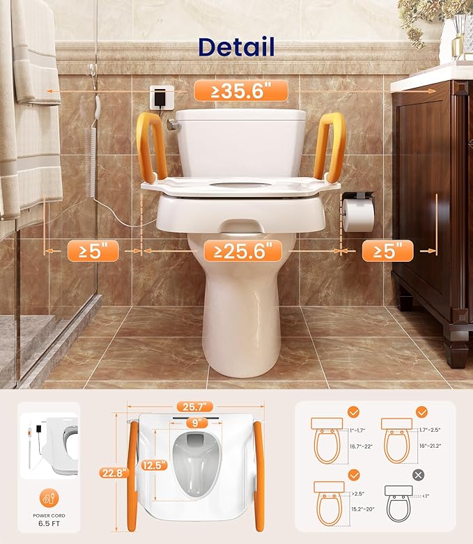 VOCIC Electric Toilet Seat Lift, Electric Raised Toilet Seat, Powered Toilet Seat Riser with Handles, Toilet Lift Seat for Elderly, Support to 330LBS, AX12