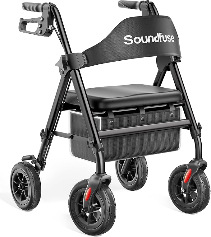 SOUNDFUSE Rollator Walkers for Seniors with Seat, Foldable Lightweight Rolling Walker with 8" Big PU Wheels, Ergonomic Seat, Dual Height Adjustment