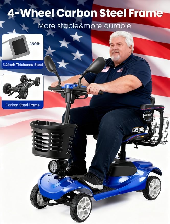4 Wheel Compact Mobility Scooter for Seniors and Adults,Foldable Electric Scooter, Heavy Duty Travel Model with Lights, Basket, and Long-Lasting Battery210blue