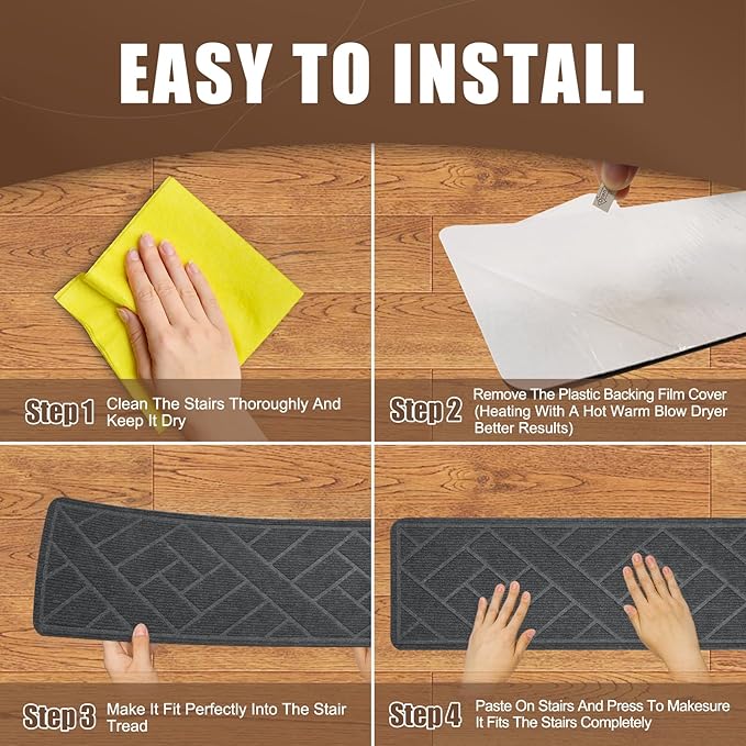 15 Pack 8 "X 30" Non-Slip Carpet Stair Treads for Indoor Wooden Steps, Made of Polyester and Reusable Adhesive, Suitable for Kids Elders and Pets（Grey Lines）