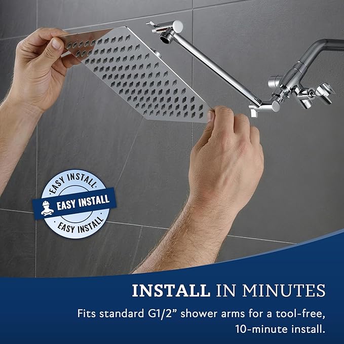 G-Promise All Metal 8 Inch Dual Square Shower Head with Handheld Spray Combo, Rain Shower Head, Adjustable Extension Arm, Smooth 3-Way Diverter, 71 Inch Extra Long Hose - A Bathroom Upgrade (Chrome)