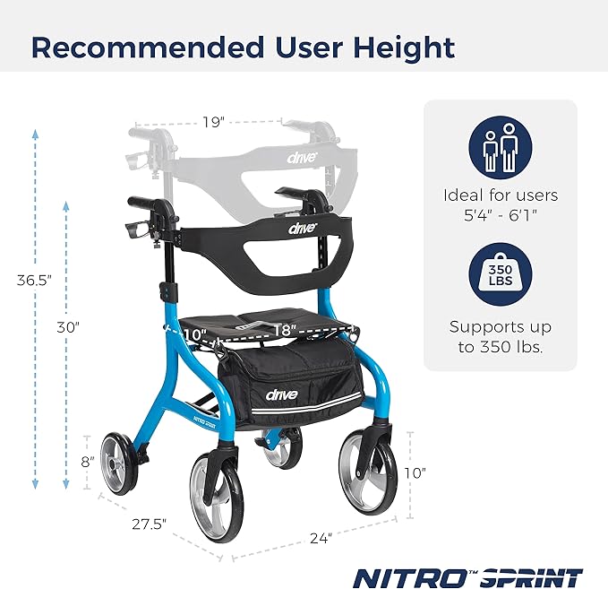 Drive Medical Nitro Sprint Foldable Rollator Walker with Seat - Lightweight Support - Large Wheels - Compact Folding Design - Adjustable Comfort - Standard Size - Blue