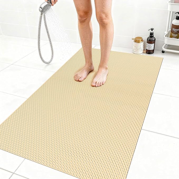 Extra Large Non-Slip Shower Mat, Fast-Dry PVC Bath Stall & Tub Mat, Drain-Hole Design,for Shower Stall Tub for Elderly/Kids，Non Slip Bathroom Safety Accessory，Beige 32"x58"