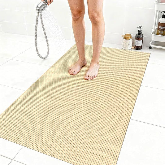 Extra Large Non-Slip Shower Mat, Fast-Dry PVC Bath Stall & Tub Mat, Drain-Hole Design,for Shower Stall Tub for Elderly/Kids，Non Slip Bathroom Safety Accessory，Beige 32"x58"
