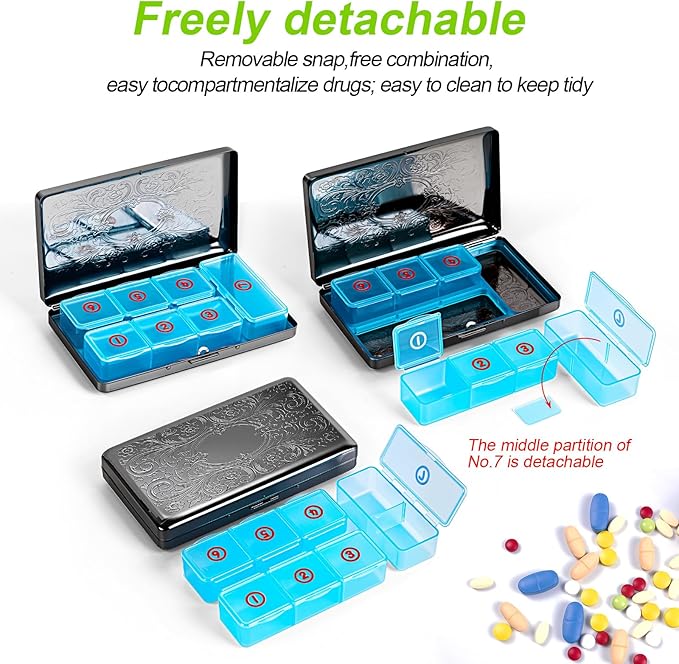 Pill Organizer with 3 Compartments 7 Day Metal Pill Box for Fish Oil/Food Supplements Travel Pill Box. (Rectangle-Black, Large Rectangle)