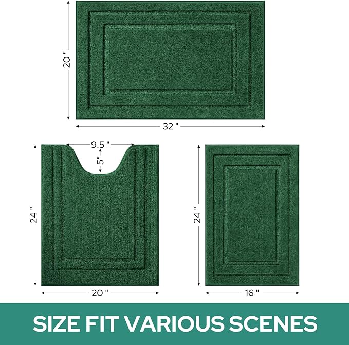 HOMEIDEAS Bathroom Rugs Sets 3 Piece, Super Soft and Absorbent Non Slip Microfiber Toilet Bath Mat with U-Shaped (Dark Green)