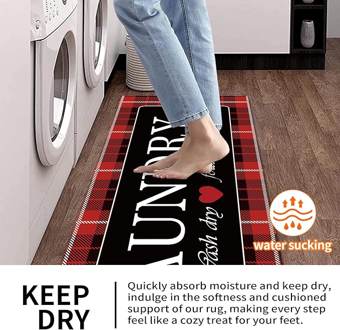 XLHOMO Laundry Room Rug Runner, 17"x47" Buffalo Plaid Non Slip Red Laundry Rugs, Farmhouse Washable Floor Laundry Mats for Laundry Room, Mudroom, Kitchen, Washroom, Bathroom, Entryway Rugs Decor