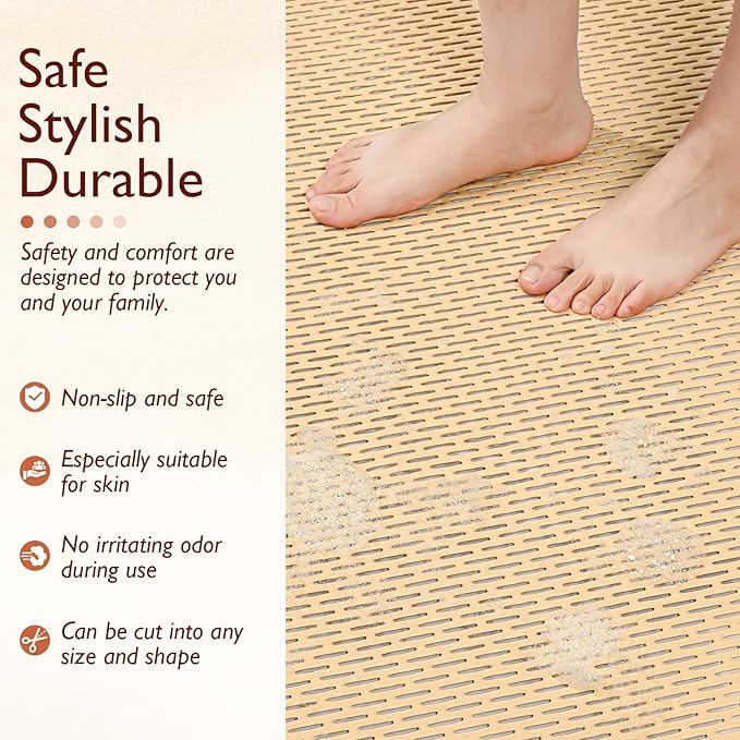 Extra Large Non-Slip Shower Mat, Fast-Dry PVC Bath Stall & Tub Mat, Drain-Hole Design,for Shower Stall Tub for Elderly/Kids，Non Slip Bathroom Safety Accessory，Beige 32"x47"