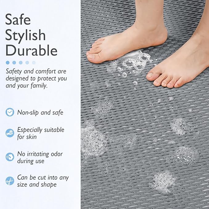 Extra Large Non-Slip Shower Mat, Fast-Dry PVC Bath Stall & Tub Mat, Drain-Hole Design,for Shower Stall Tub for Elderly/Kids，Non Slip Bathroom Safety Accessory，Gray 32"x58"