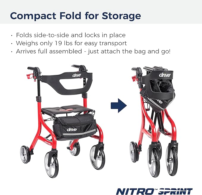Drive Medical Nitro Sprint Foldable Rollator Walker with Seat - Lightweight Support - Large Wheels - Compact Folding Design - Adjustable Comfort - Tall Size - Red