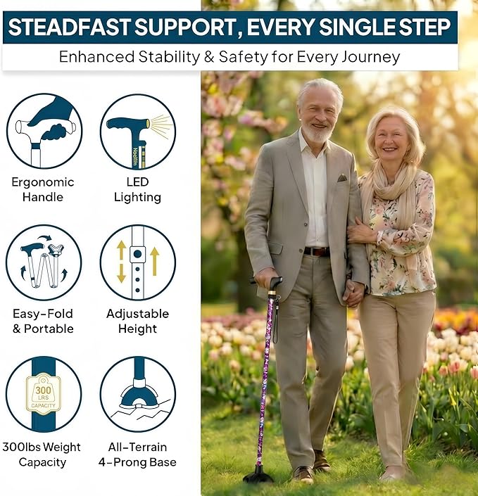 Walking Cane with LED Light, Foldable,Adjustable, Self Standing Walking Canes for Men & Women,Walking Sticks with Quad Base for Seniors & Adults