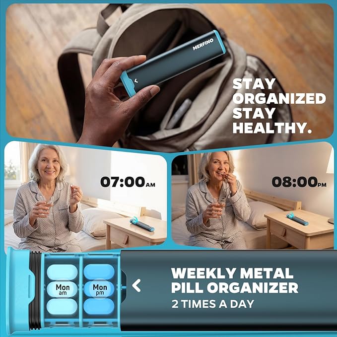 Metal 7 Day Pill Organizer 2 Times a Day-Travel Pill Box Case with Moisture-Proof Airtight Lids, Weekly AM PM Medicine Container for Vitamins, Fish Oil, Supplements and Medications (Blue)