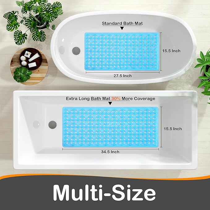 Yimobra Bath Tub Mat Non Slip, 34.5"x15.5" Long Shower Mat, Machine Washable Bathmat with Drain Holes and Suction Cups, Soft on Feet, Bathroom Essentials, Clear Blue