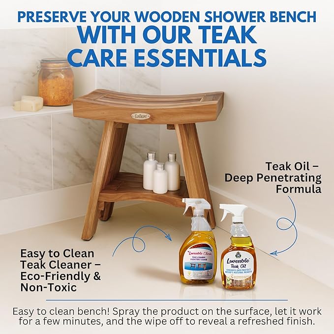 EcoDecors Serenity Teak Shower Bench,18 Inch, Natural Finish + Loveable 24 oz Teak Oil + Loveable 32 oz Teak Cleaner Spray Bottle