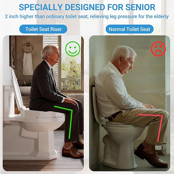 Raised Toilet Seat for Seniors, Elongated Elevated Toilet Seat with Soft Close Lid, Quick Release & Easy Installation, Easy to Clean - Ideal for Elderly, White