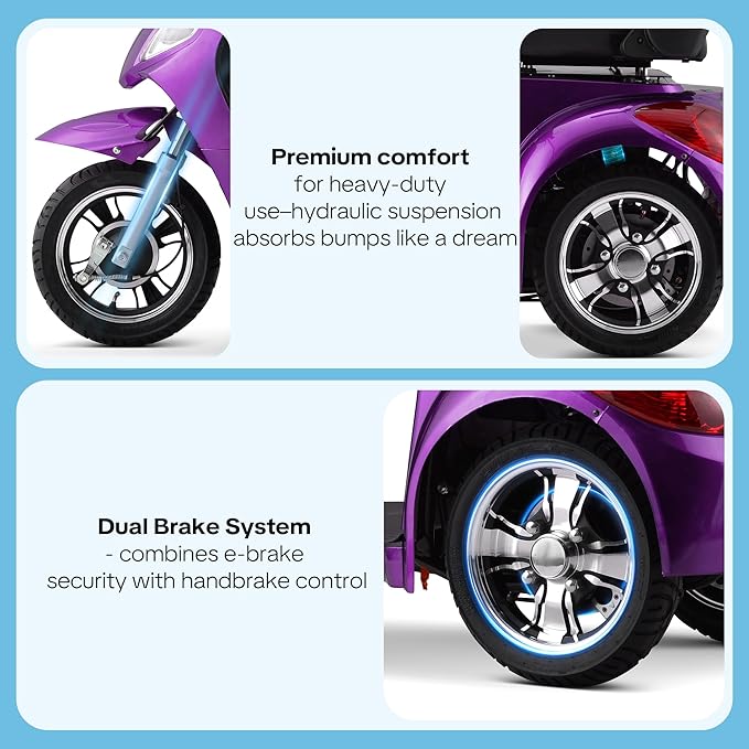 Super Large Electric 4 Wheel Mobility Scooters, Heavy Duty 800W Wheelchair Device, 25 Miles Long Range, All Terrain Mobility Scooter，Speed Adjust, Remote Key,Receive Ready to Ride (3 Wheel -Purple)
