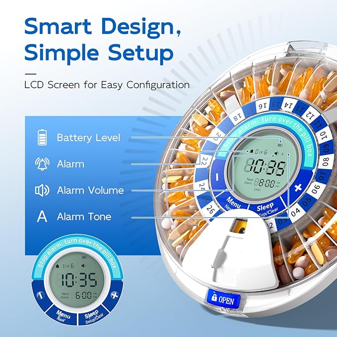 Daviky Automatic Pill Dispenser for Elderly with Alarm, 28-Day Electronic Locked Pill Box, Sound & Light Reminders for Medication, Vitamins, and Supplements(Blue)