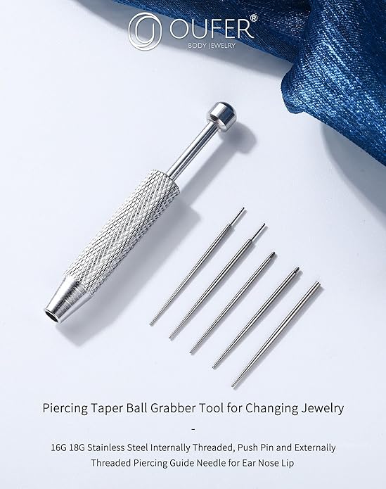 OUFER Piercing Ball Grabber, 16G 18G Flat Back Earrings Piercing Guide needle Tool, Surgical Steel Internally Threaded Push Pin External Thread Assistant Body Piercing Kit for Ear Nose Lip Tool