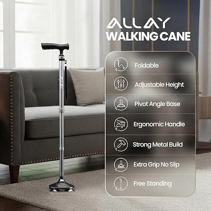 Allay Walking Canes for Men & Women - Adjustable Canes for Women for Stability, Self Standing Wide Quad Pivot Base, Light Weight, Soft Handle Grip and Travel Bag, Walking Sticks for Seniors & Adults