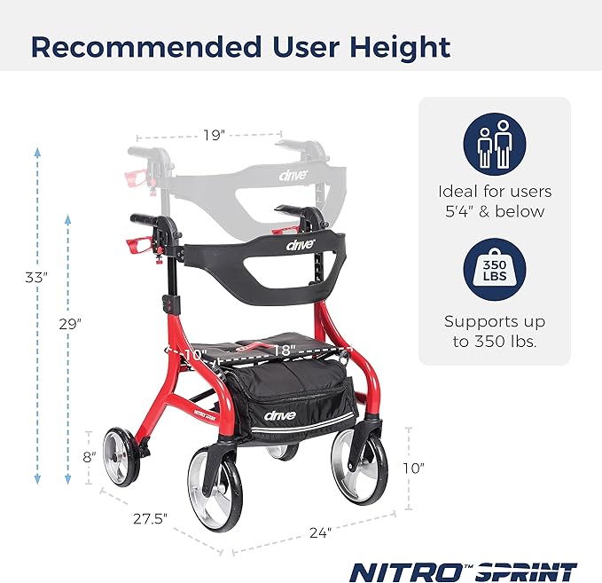 Drive Medical Nitro Sprint Foldable Rollator Walker with Seat, Petite Height Lightweight Rollator with Large Wheels, Folding Rollator, Short Rolling Walker for Seniors and Adults, Red