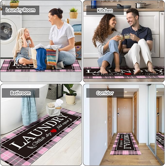 XLHOMO Laundry Room Rugs and Mats, 17"x47" Buffalo Plaid Pink Laundry Room Rug Runner Washable Non Slip, Farmhouse Laundry Mats for Floor, Mudroom, Kitchen, Washroom, Bathroom, Entryway Carpet Decor