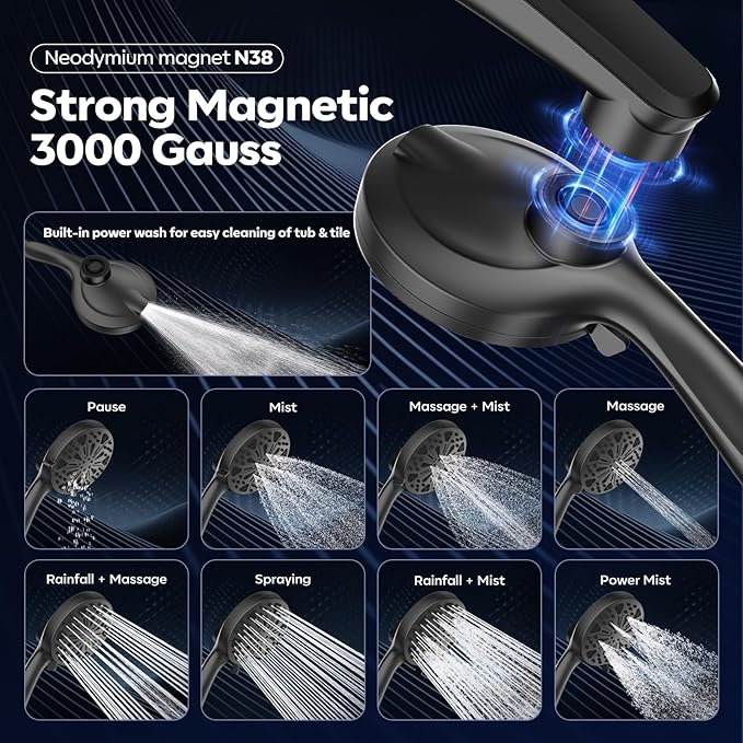 Shower Head with filtered Handheld High Pressure daul Shower Heads with Handheld Spray Combo and 10 Sprays Handheld Shower Head Detachable Shower head Built-in Magnetic Docking and Power Jets Black