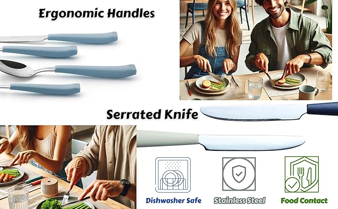 EXZACT 16-Piece Flatware Set for 4 – Colored Stainless Steel Cutlery with Wide Plastic Handles – Comfortable Tableware: Forks, Knives, Spoons, Teaspoons