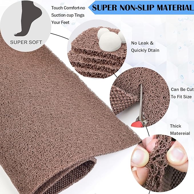 godehone Shower Mats Non Slip Without Suction Cups, PVC Loofah Bathroom Mats, Loofah Mats for Shower and Bathroom, Quick Drying, 15.7× 36 Inch, Brown