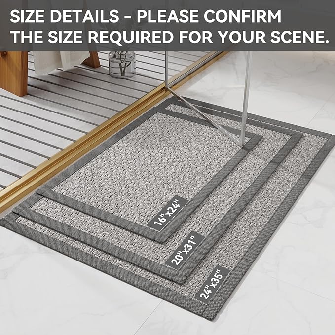 YDKGL Non Slip Ultra Thin Bathroom Rugs 24x35, Bath Mat Quick Dry Absorbent Bathroom Floor Mat Rubber Backed Fit Under Door, Woven Washable Bath Rugs, Grey