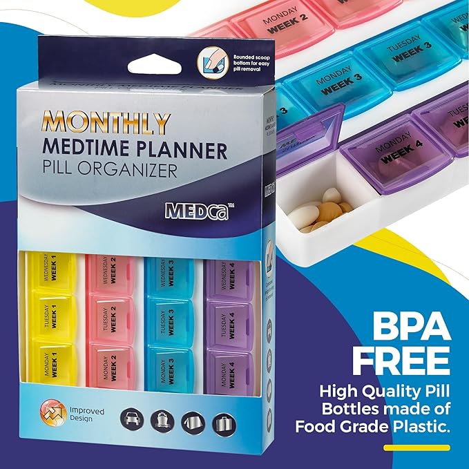 Monthly Pill Organizer - 28 Day Monthly Pill Planner to Separate Pills & Vitamins Week to Week, Travel Medication Reminder Daily Monday to Sunday Compartments, Case of 40