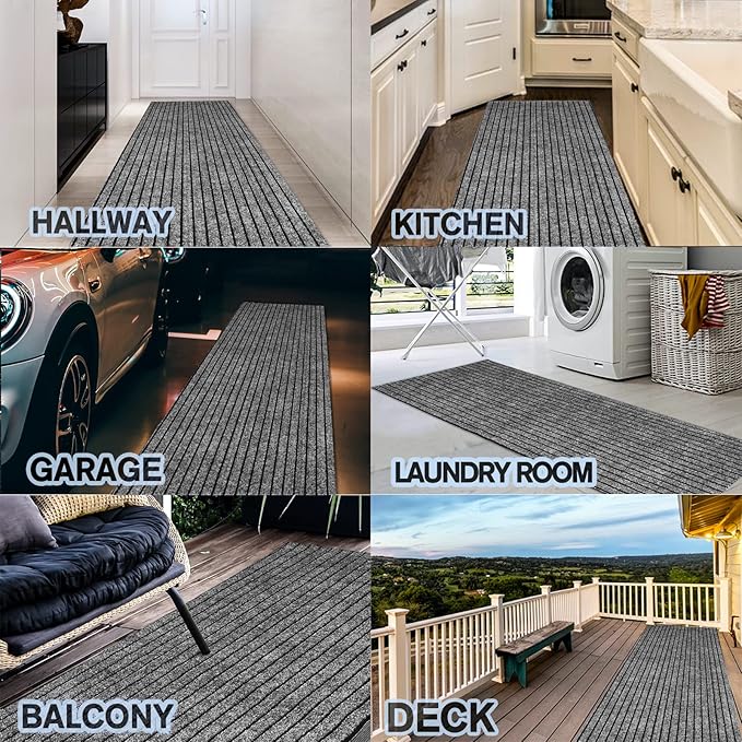 Custom Size Backed Non-Slip Area Rugs Runner, Easy Clean, Waterproof Runner Rugs for Hallway Entryway, Kitchen, Laundry, 4FT x 73FT, Gray Stripe