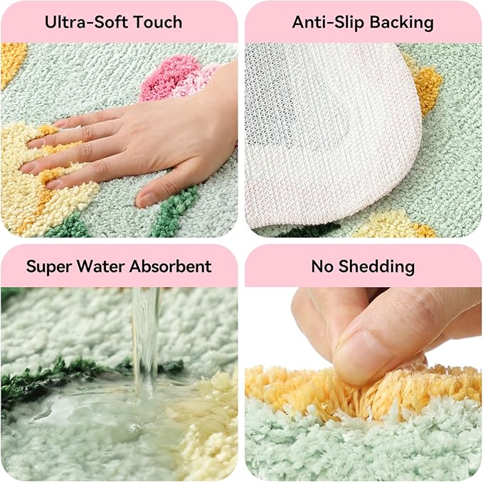 TRUEDAYS Cute Floral Bath Mat – Ultra Soft Non Slip Bathroom Rug, Absorbent Flower Carpet for Tub or Shower, Tulips Bath Mat for Kids, Girls, Home Decor, 32''x20''