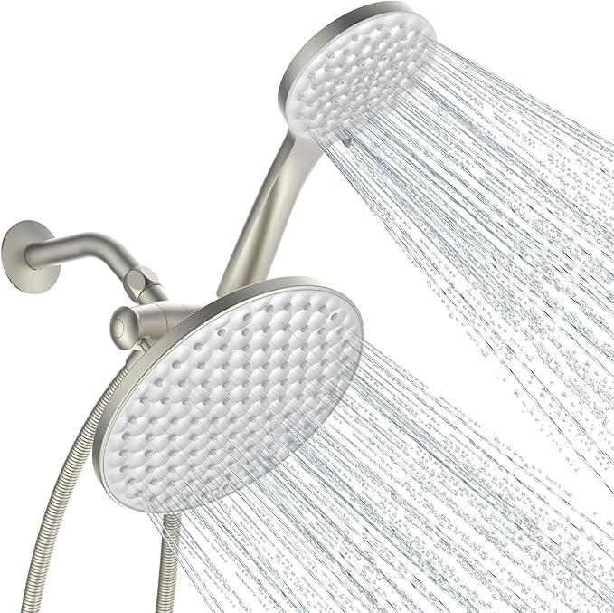 dual shower head with handheld combo,8.6 inch Rainfall showerhead,6 settings hand held shower heads with hose (Brushed Nickel)