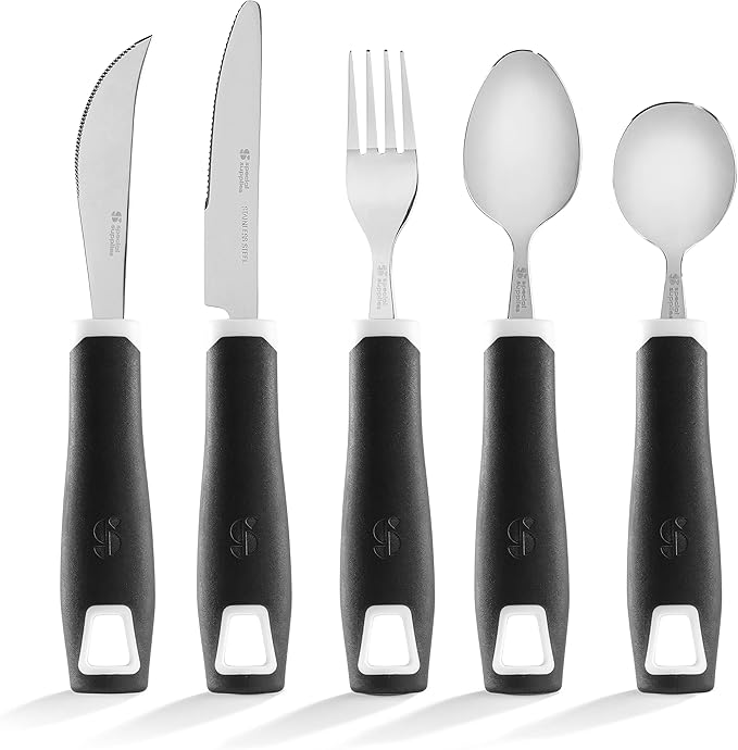 Special Supplies Adaptive Utensils 5-Piece Set Non-Weighted, Non-Slip Handles for Hand Tremors, Arthritis, Parkinson’s or Elderly Use - Stainless Steel Knife, Rocker Knife, Fork, Spoons (Black)