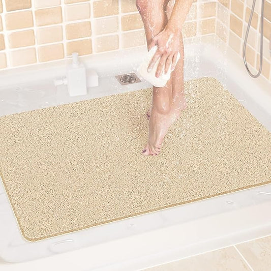 LuxStep Shower Mat Bathtub Mat,24x32 inch, Non-Slip Bath Mat with Drain, Quick Drying PVC Loofah Bathmat for Tub,Shower,Bathroom (Phthalate Free,Khaki)
