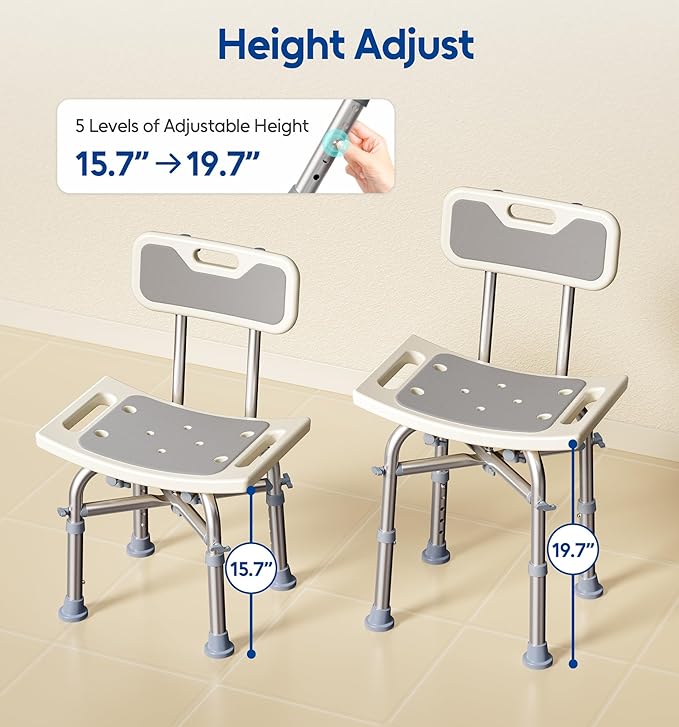 Bluelog Shower Chair with Back for Elderly and Disabled, Shower Seat Bench Stool, Adjustable Height, 350 lbs Capacity, Rectangular