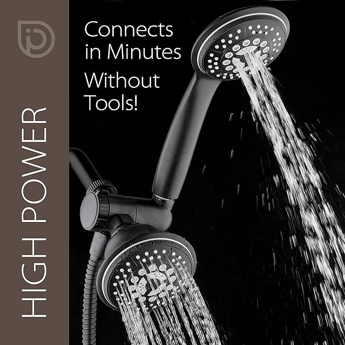 1763 Handheld Showerhead & Rain Shower Combo. High Pressure 24 Function 4" Face Dual 2 in 1 Shower Head System with Stainless Steel Hose, Patented 3-way Water Diverter in Matte Black