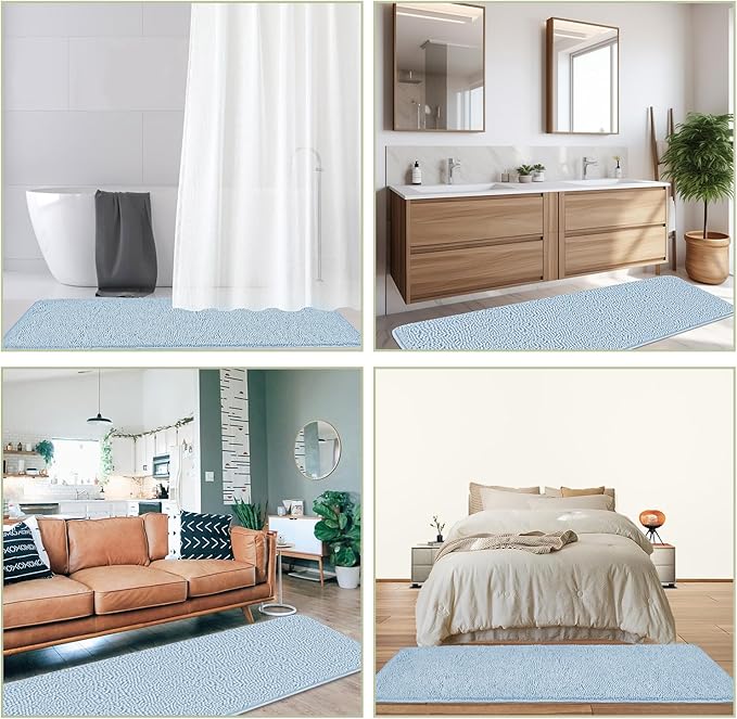 Bathroom Runner Rug 24 x 60 Inch – Extra Large Long Bath Mat | Absorbent and Washable Thick Chenille Bath Rug Non-Slip Runner Rug for Bathroom, Shower, Sink(Light Blue)