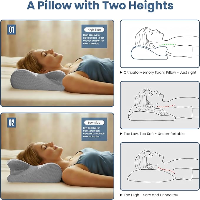 Ergonomic Cervical Memory Foam Pillow for Neck Pain Relief, Adjustable Contour Pillow with Hollow Center & Cooling Cover