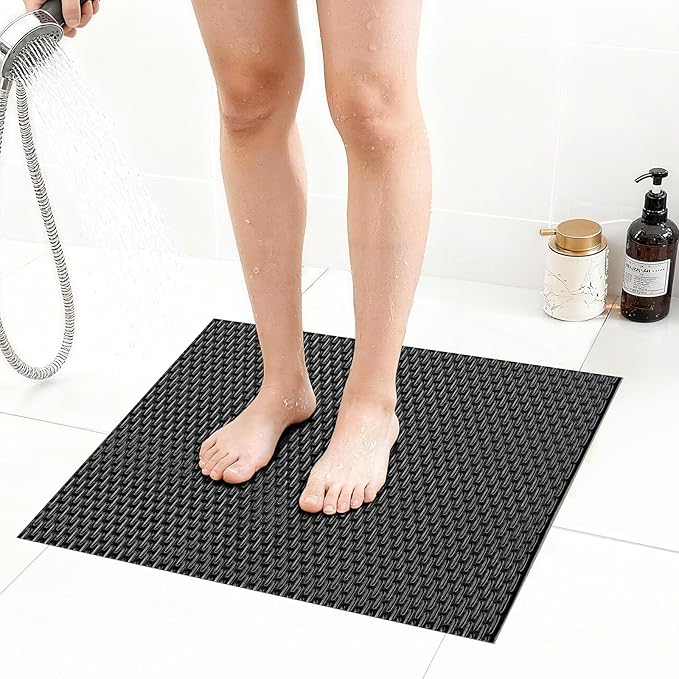 Extra Large Non-Slip Shower Mat, Fast-Dry PVC Bath Stall & Tub Mat, Drain-Hole Design,for Shower Stall Tub for Elderly/Kids，Non Slip Bathroom Safety Accessory，Black 24"x24"
