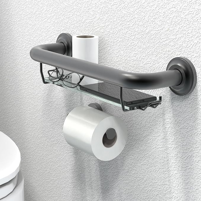ADA Compliant Grab Bar with Glass Shelf for Shower Wall and Bathtubs, 500lbs Weight Support, 1-1/4 x 16 inch for Stud Mount, Matte Black